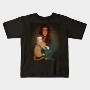 Vintage photo turned into lowbrow manga style digital art of young witchy aesthetic woman holding ginger cat Kids T-Shirt